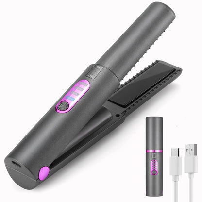Cordless Hair Straightener and Curler - 2-in-1  Cordless Straightener and Portable Flat Iron for Hair, USB-C Rechargeable Ceramic Mini Flat Iron