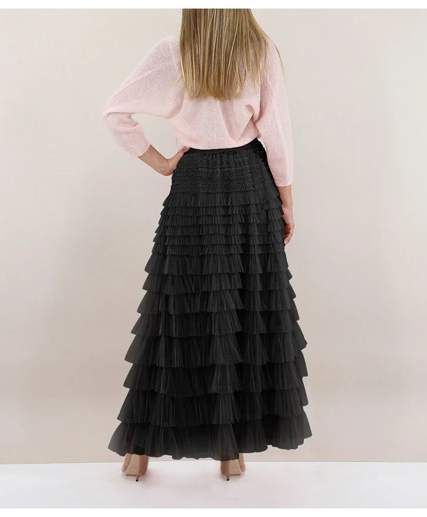 Layered High Waist Ruffles Pink Tulle Skirt – Vintage-Inspired Maxi Skirt for Romantic, Feminine Outfits Anytime