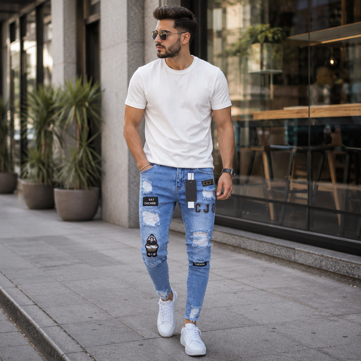 Stretch Cotton Men's Ripped Skinny Jeans - Slim Fit Denim Pants with Distressed Holes, Casual Hip Hop Streetwear Trousers for Daily Wear