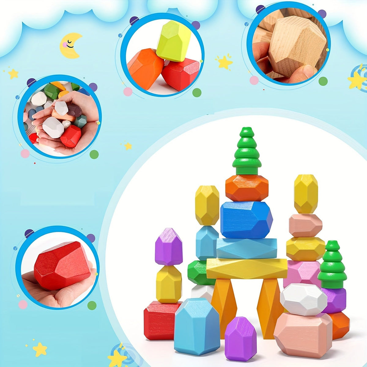 Wooden Stacking Rocks Toys – 40-Piece  Montessori Sensory STEM Balance Blocks for Toddlers, Educational Preschool Learning Gift Set