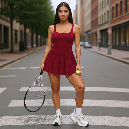 Women’s Backless Tennis Dress – Sleeveless Pleated Yoga and Running Fitness Dress with Built-In Pocket Shorts for Active Summer Wear