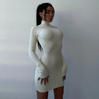 Turtleneck Knitted Midi Dress – Long Sleeve Bodycon Fit for Flawless Autumn & Winter Fashion Statements