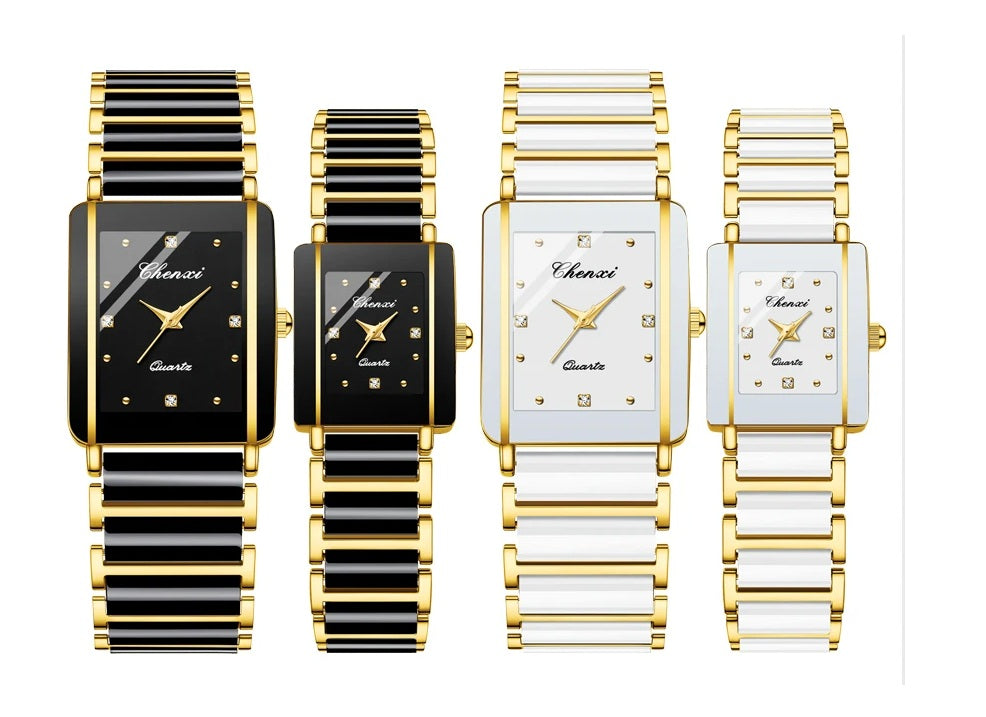 Square Shaped Luxury Couple Watches – 104A Waterproof Watch with Ceramic Strap Timepieces for Men and Women with Elegant Simulated-Ceramics Design