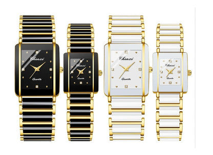 Square Shaped Luxury Couple Watches – 104A Waterproof Watch with Ceramic Strap Timepieces for Men and Women with Elegant Simulated-Ceramics Design