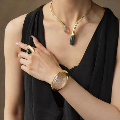 Natural Stone Open Bangle for Women – Elegant Brass Metal Bracelet for Light Luxury Fashion, Travel, and Party Accessories