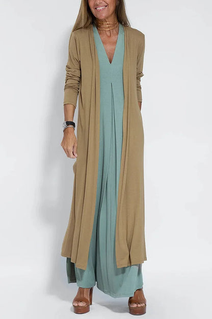 Chic V-Neck Dress & Cardigan Set – Sleeveless Long Vest Dress with Fall-Ready Casual Layered Elegance