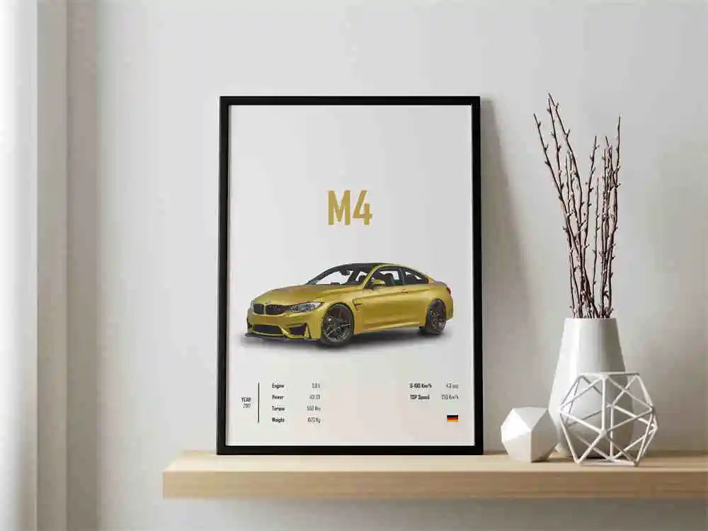 Retro German Supercar Poster Set – Pop Aesthetic Canvas Wall Art Featuring M8, M4, R8, RS6 for Garage or Home Decor