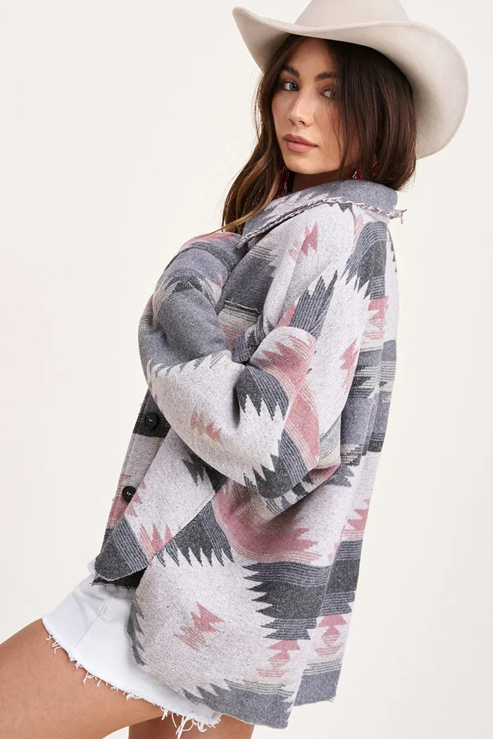Vintage Aztec Denim Jacket with Collar – Wool Lined Loose Fit Long Sleeve Outerwear for Trendy Streetwear Vibes