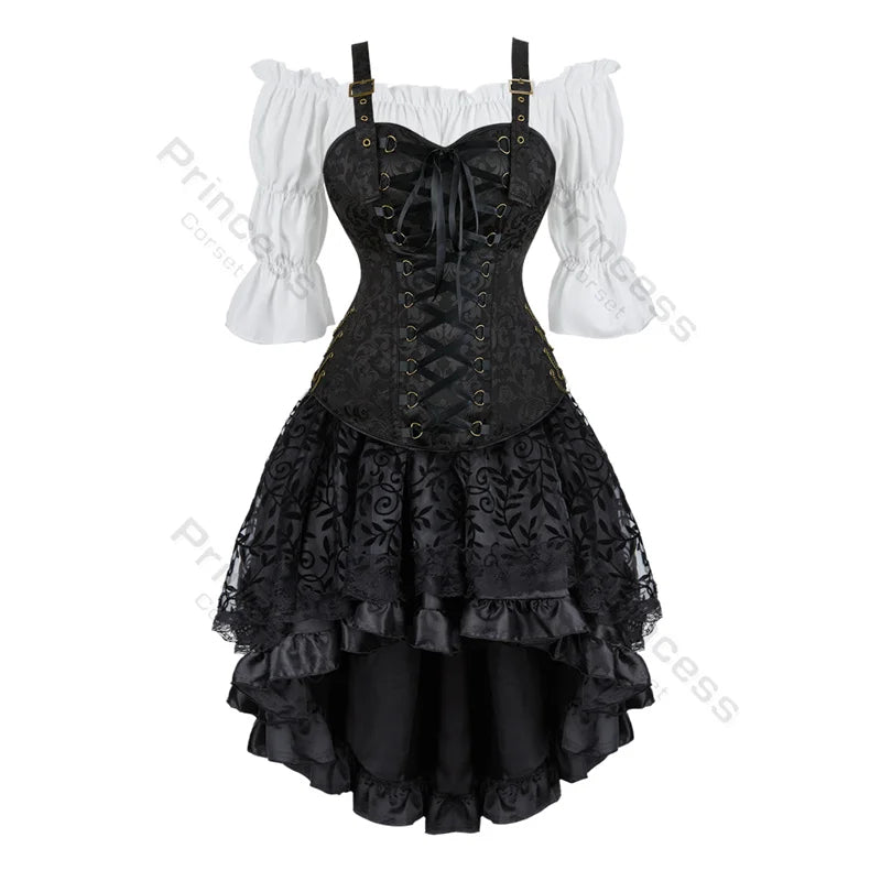 Women’s Pirate Corset Dress – Plus Size Brown Faux Leather Steampunk Costume with Off-Shoulder Blouse for Halloween Party Cosplay