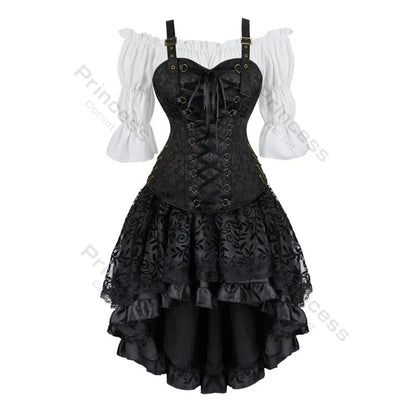 Women’s Pirate Corset Dress – Plus Size Brown Faux Leather Steampunk Costume with Off-Shoulder Blouse for Halloween Party Cosplay
