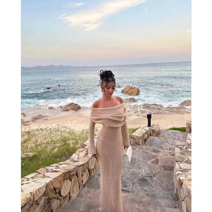 Off-Shoulder Knit Maxi Long Dress – Hollow-Out See-Through Cover-Up for Beach, Holiday, & Party Glam