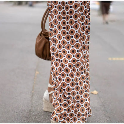 Floral Geometric Split Dress – Women’s Summer Long Sleeve V-Neck Ankle-Length Print Dress for Casual Fashion and Comfortable Elegance