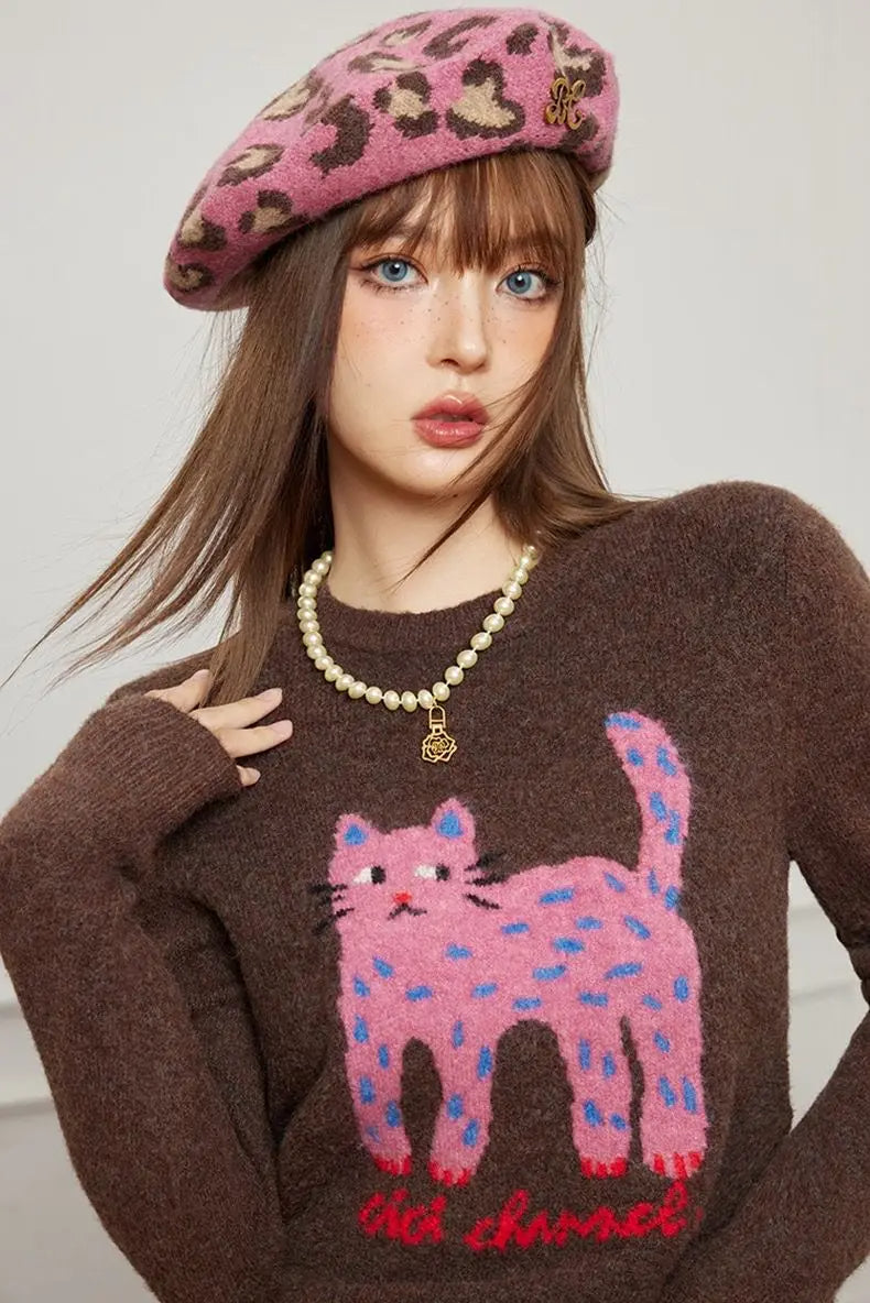 Autumn/Winter Cat Pattern Jacquard Sweater – Slim-Fit Short Pullover for Women with Playful Leg Cartoon Print, Cozy Seasonal Knit Style