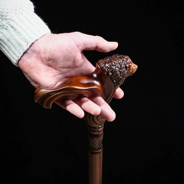 Wooden Walking Stick Cane Lion Head - Palm Grip Ergonomic Handle