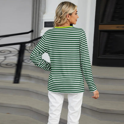 Color Block V-Neck T-Shirt – Loose Long-Sleeved Top for Cross-Border Fashion with a Bold Twist