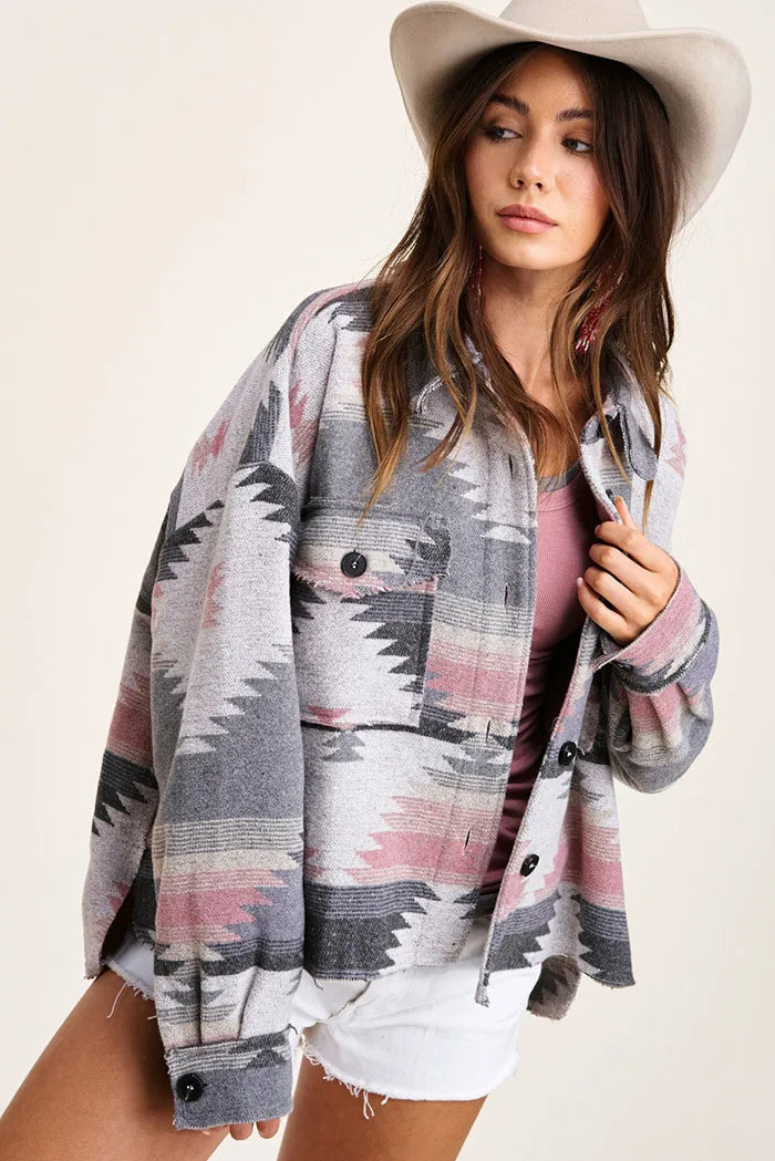Vintage Aztec Denim Jacket with Collar – Wool Lined Loose Fit Long Sleeve Outerwear for Trendy Streetwear Vibes