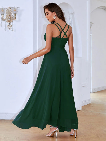 Unithorse Solid Criss Cross Belted Chiffon Dress – Elegant Flowy V-Neck Fit for Chic Summer Days and Effortless Style