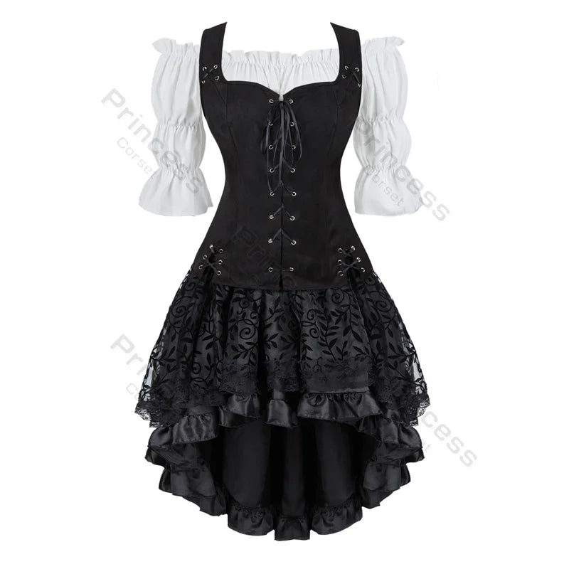 Women’s Pirate Corset Dress – Plus Size Brown Faux Leather Steampunk Costume with Off-Shoulder Blouse for Halloween Party Cosplay