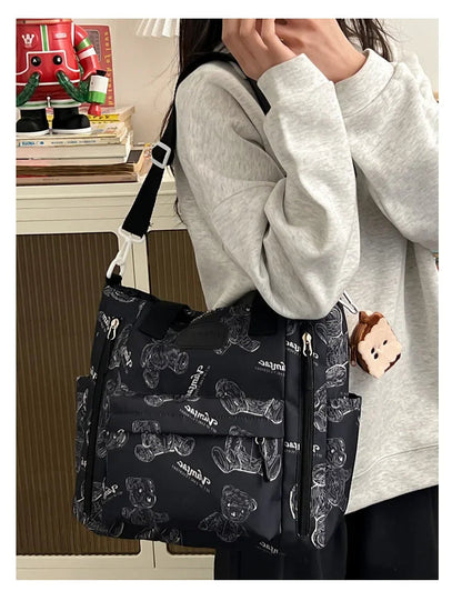 Bear Print Multi-Compartment Backpack Purse – Stylish & Spacious Nurse, Teacher & Laptop Bag