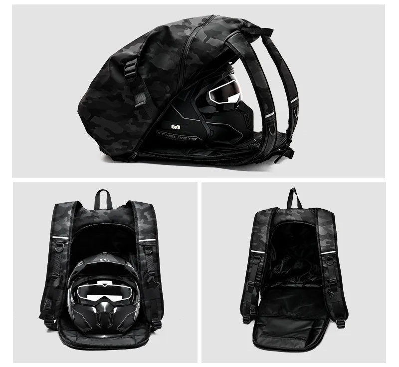 Waterproof Helmet Backpack – Motorcycle & Cycling Storage Bag with Reflective Stripe, Large Capacity & Secure Helmet Carrying Solution