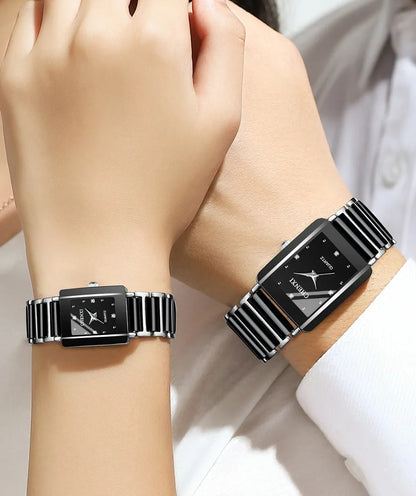 Square Shaped Luxury Couple Watches – 104A Waterproof Watch with Ceramic Strap Timepieces for Men and Women with Elegant Simulated-Ceramics Design