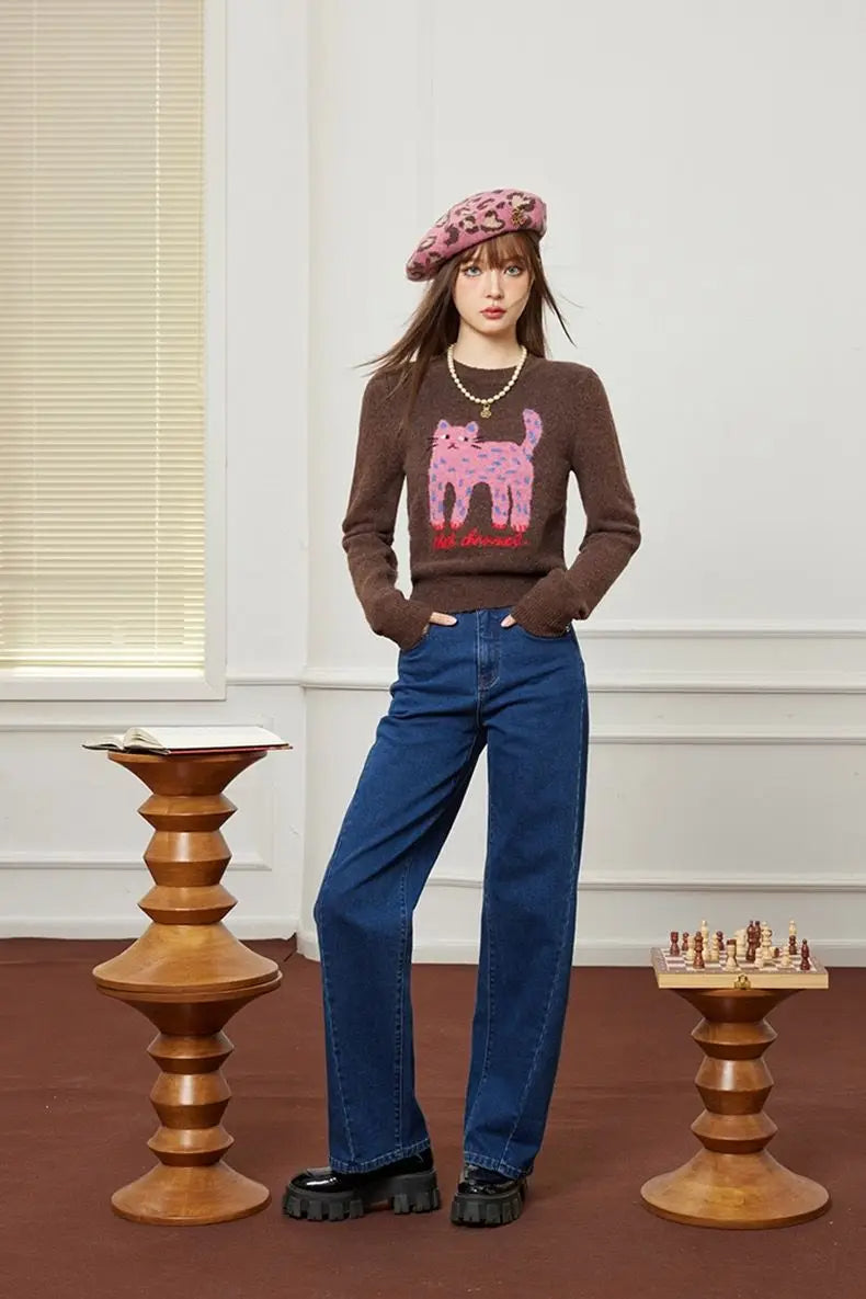 Autumn/Winter Cat Pattern Jacquard Sweater – Slim-Fit Short Pullover for Women with Playful Leg Cartoon Print, Cozy Seasonal Knit Style