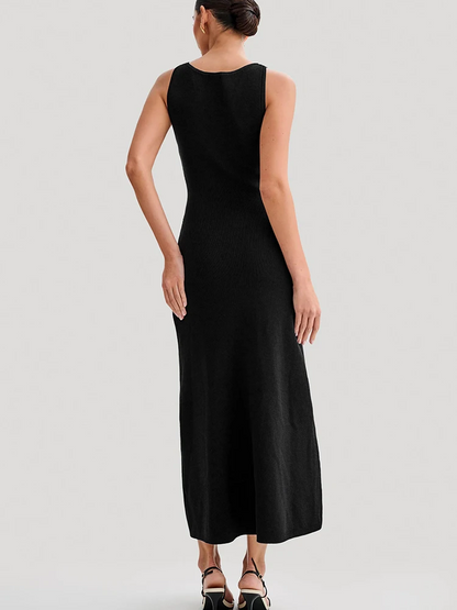 High Slit Knitted Maxi Dress for Women – Apricot Sleeveless Button Detail Bodycon Party Winter Dress