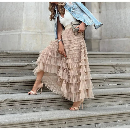 Layered High Waist Ruffles Pink Tulle Skirt – Vintage-Inspired Maxi Skirt for Romantic, Feminine Outfits Anytime