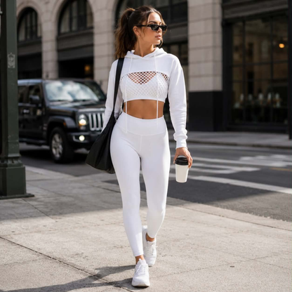 Street Sport Super Crop Hoodie – Hollow Out Drawstring Drop Shoulder Sports Top for Gym Layering and Trendy High-Fashion Athletic Streetwear Looks