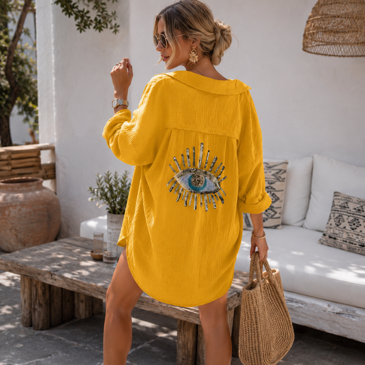 Loose Fit Printed Blouse - Women's Turn Down Collar Long Sleeve Shirt with Beach Style Design, Casual Summer Fashion Top