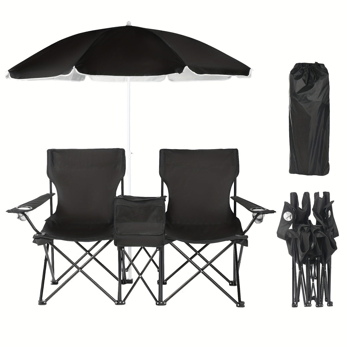 Double Camping Chair with Umbrella and Cooler – Heavy-Duty Folding Outdoor Chair for Beach and Picnic Use