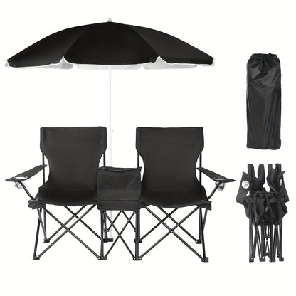 Double Camping Chair with Umbrella and Cooler – Heavy-Duty Folding Outdoor Chair for Beach and Picnic Use
