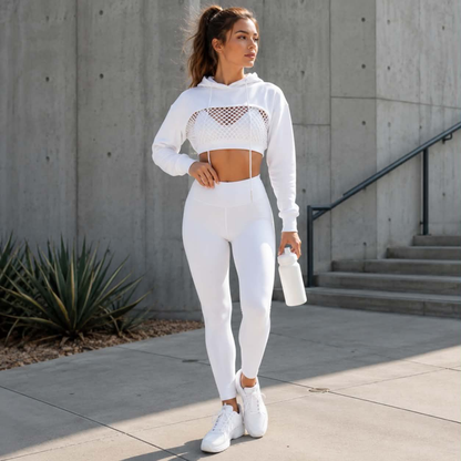 Street Sport Super Crop Hoodie – Hollow Out Drawstring Drop Shoulder Sports Top for Gym Layering and Trendy High-Fashion Athletic Streetwear Looks