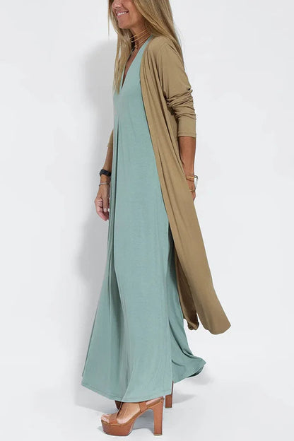 Chic V-Neck Dress & Cardigan Set – Sleeveless Long Vest Dress with Fall-Ready Casual Layered Elegance