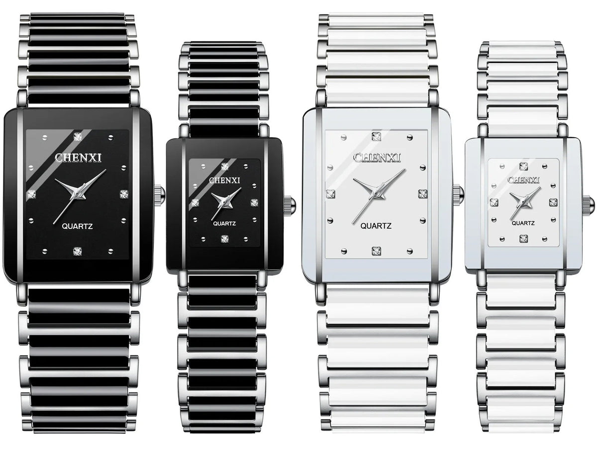 Square Shaped Luxury Couple Watches – 104A Waterproof Watch with Ceramic Strap Timepieces for Men and Women with Elegant Simulated-Ceramics Design