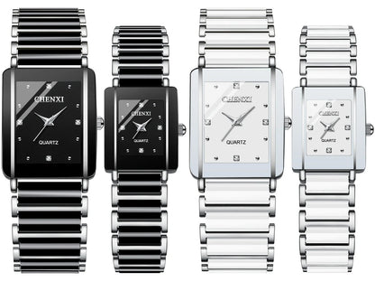Square Shaped Luxury Couple Watches – 104A Waterproof Watch with Ceramic Strap Timepieces for Men and Women with Elegant Simulated-Ceramics Design