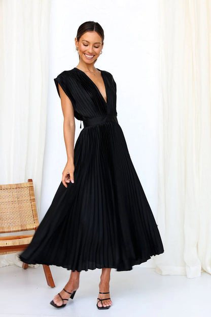 Women’s Sexy Pleated Summer Dress – Slimming French-Inspired V-Neck Long Dress with Zipper Closure, Flowy & Flattering Fit