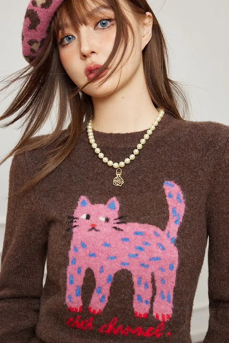 Autumn/Winter Cat Pattern Jacquard Sweater – Slim-Fit Short Pullover for Women with Playful Leg Cartoon Print, Cozy Seasonal Knit Style