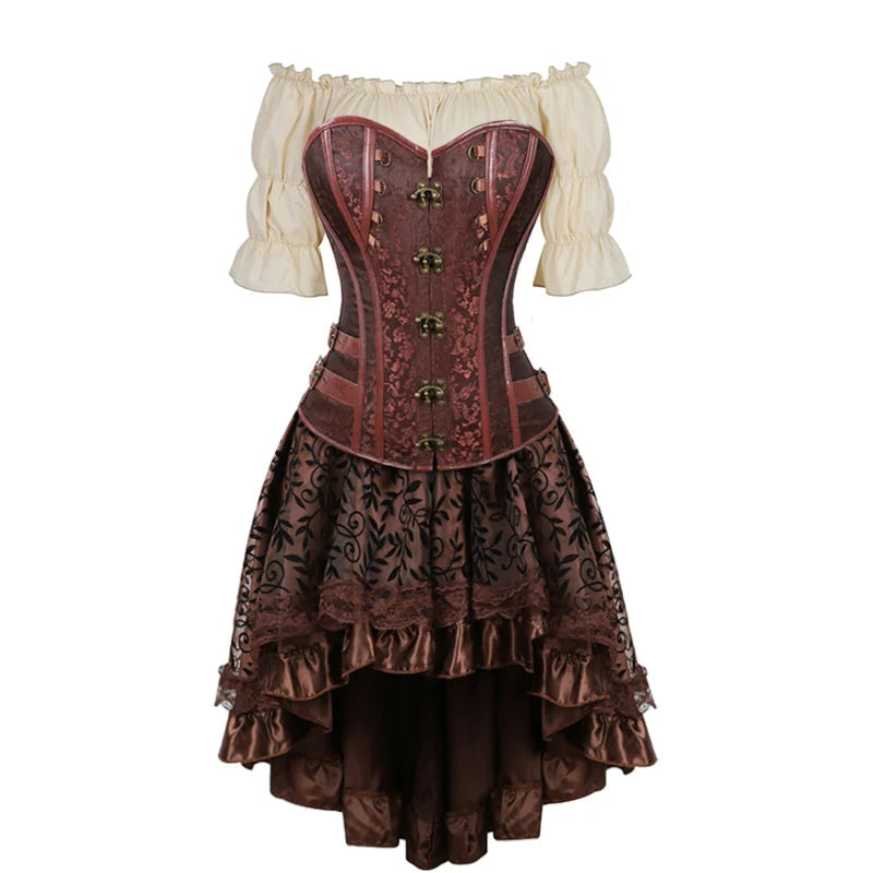 Women’s Pirate Corset Dress – Plus Size Brown Faux Leather Steampunk Costume with Off-Shoulder Blouse for Halloween Party Cosplay