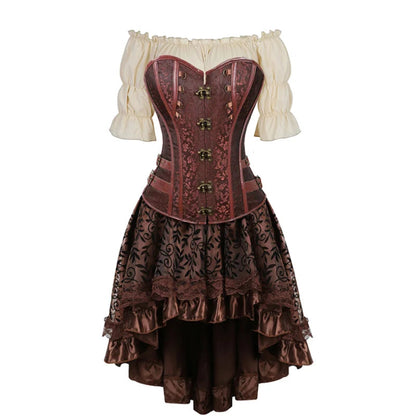 Women’s Pirate Corset Dress – Plus Size Brown Faux Leather Steampunk Costume with Off-Shoulder Blouse for Halloween Party Cosplay