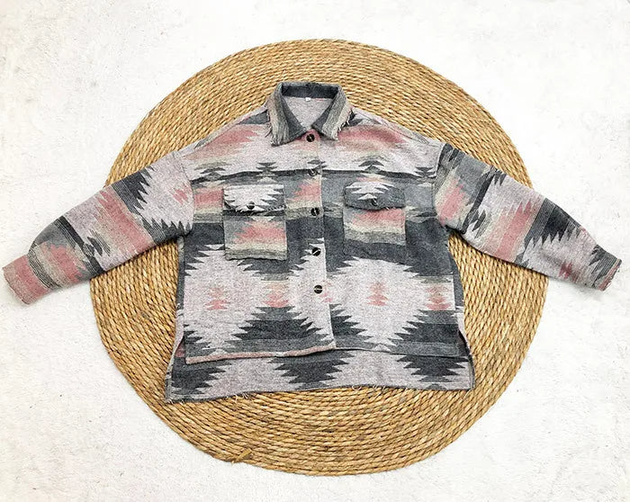 Vintage Aztec Denim Jacket with Collar – Wool Lined Loose Fit Long Sleeve Outerwear for Trendy Streetwear Vibes
