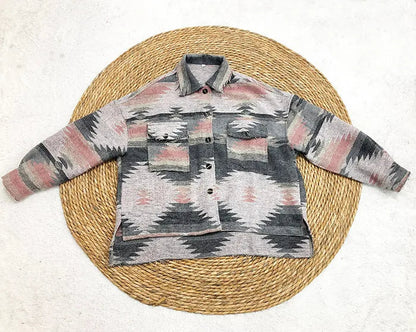 Vintage Aztec Denim Jacket with Collar – Wool Lined Loose Fit Long Sleeve Outerwear for Trendy Streetwear Vibes
