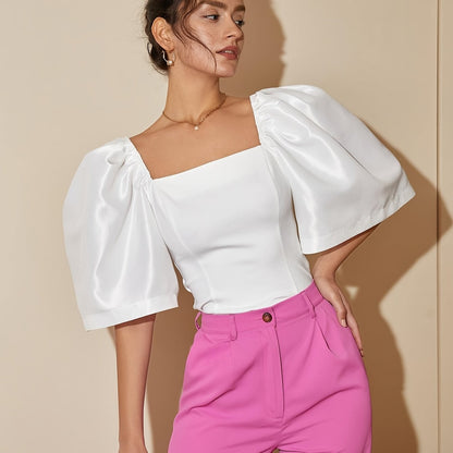 Chic Square Neck Lantern Sleeve Blouse – Woven Polyester Women’s Fashion Top for Spring/Summer Street Style with a Flattering Skinny Fit