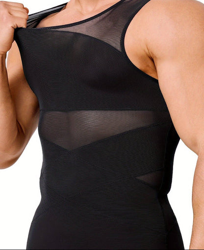 Men’s High-Stretch Nylon Spandex Tank Top – Crew Neck Compression Vest with Mesh Contrast & Skinny Fit Design