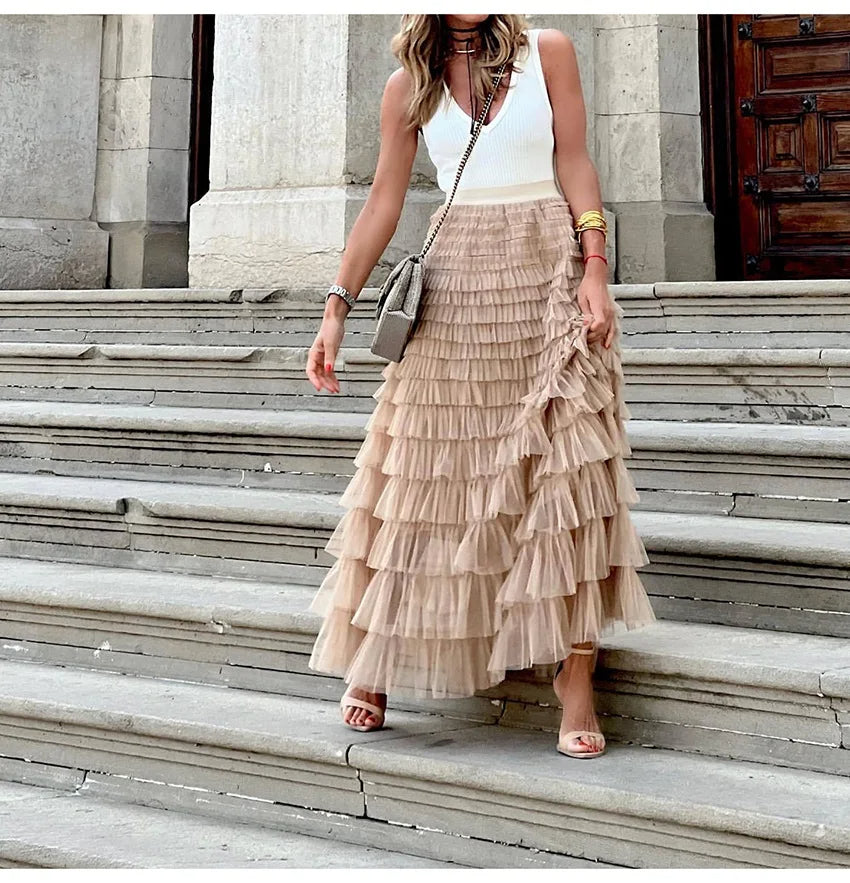 Layered High Waist Ruffles Pink Tulle Skirt – Vintage-Inspired Maxi Skirt for Romantic, Feminine Outfits Anytime