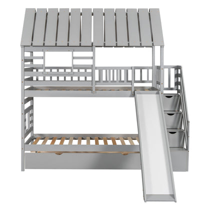 Twin over Twin House Bunk Bed with Roof and Window Design, Trundle, Slide, and Storage Staircase