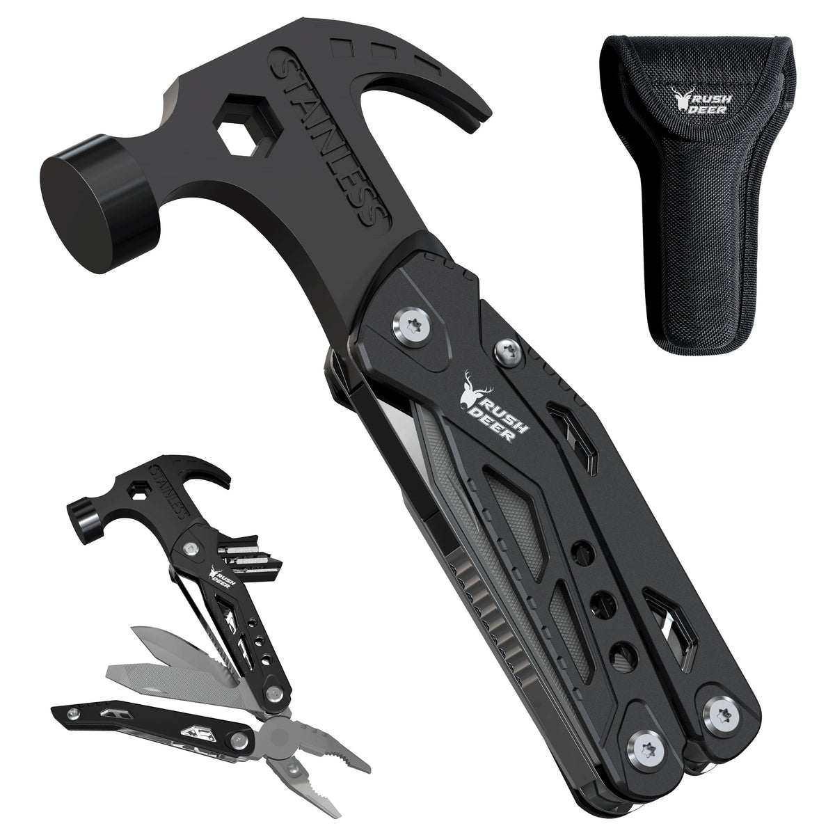 Stainless Steel Multitool Hammer – 14-in-1 Rush Deer Tool with Pliers, Opener & Screwdrivers for Camping, Hiking & Dad Gifts