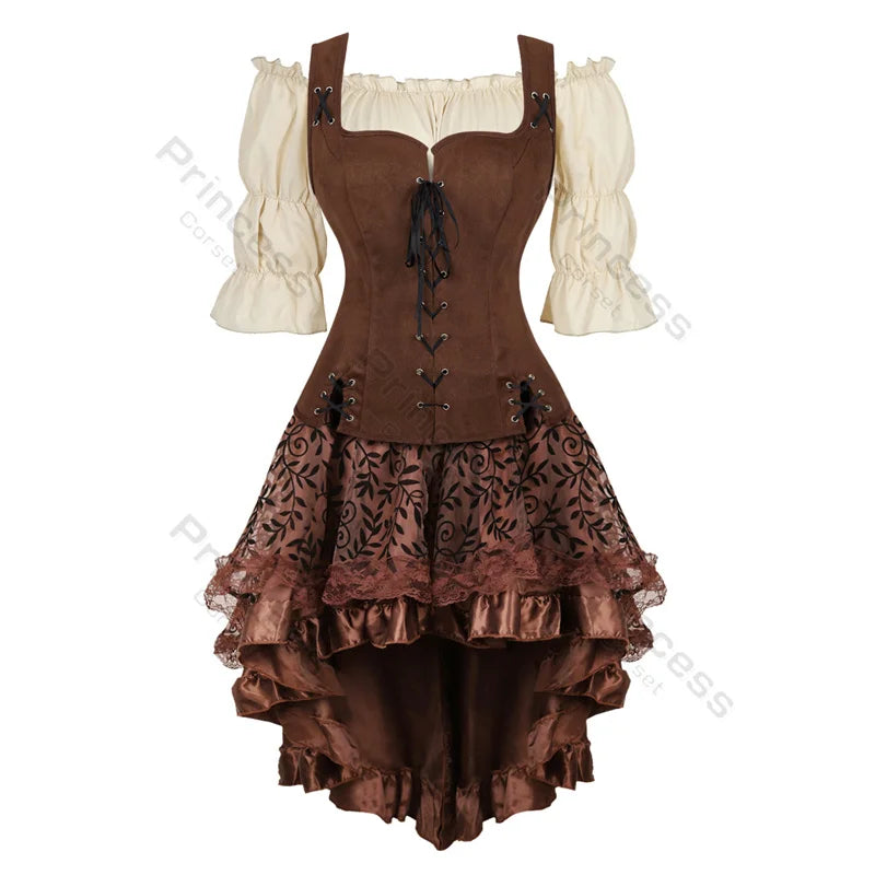 Women’s Pirate Corset Dress – Plus Size Brown Faux Leather Steampunk Costume with Off-Shoulder Blouse for Halloween Party Cosplay