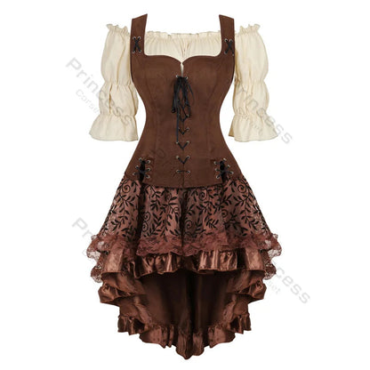 Women’s Pirate Corset Dress – Plus Size Brown Faux Leather Steampunk Costume with Off-Shoulder Blouse for Halloween Party Cosplay