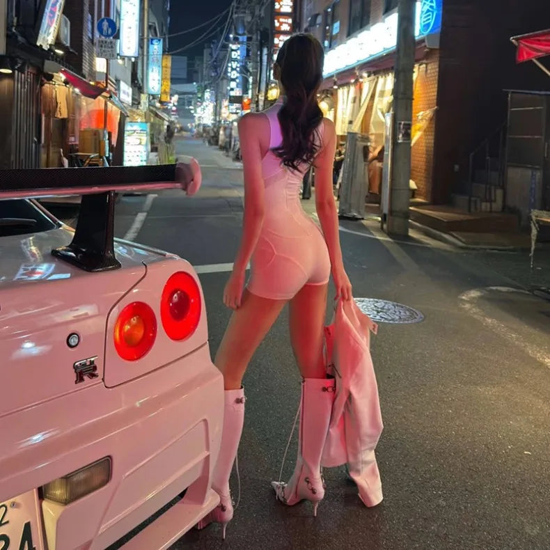 Women Mesh Splicing Sports Jumpsuit – Sleeveless Hollow-Out Playsuit with Body-Shaping Fit for Street Style Wear